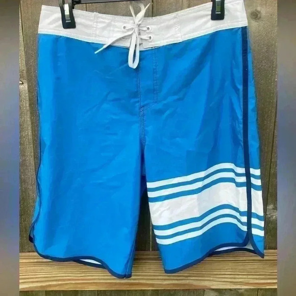 Mossimo Supply Co. Men's Blue White Striped Board Swim Surf Shorts Pockets Sz 32 - Picture 1 of 4